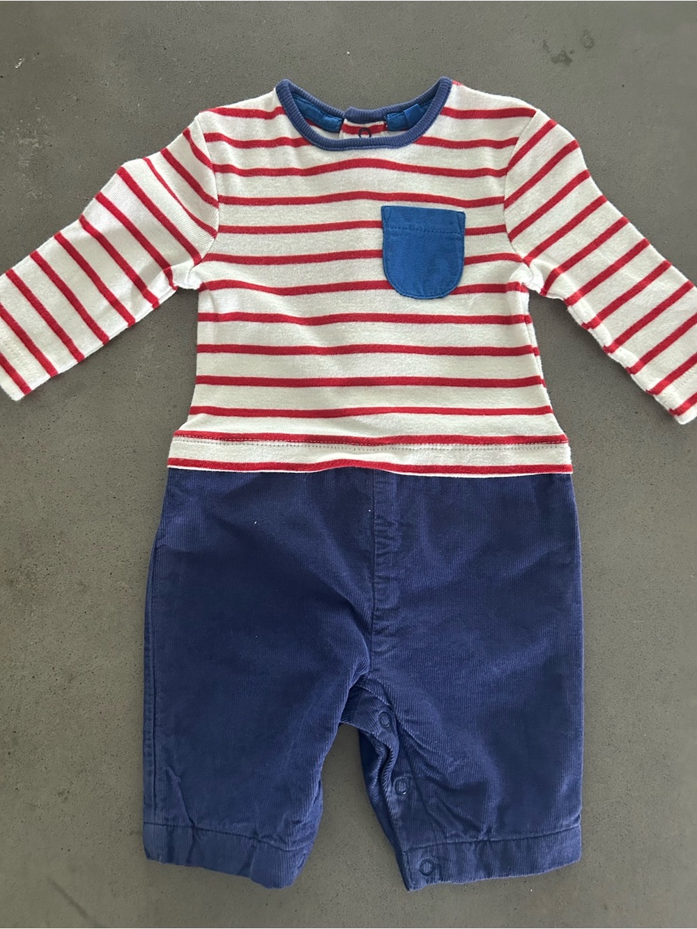 Baby Boden Red & White Striped Bodysuit with Blue Trim